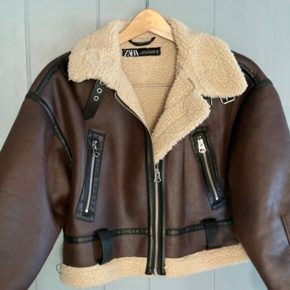 Cropped aviator shearling moto jacket brown faux leather Coat Zara Sz M NO BELT - Picture 1 of 10